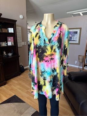 Boutique multicolored V-neck 3/4 sleeves tunic-XXXL